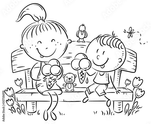 Kids eating ice-cream sitting on a bench in the park