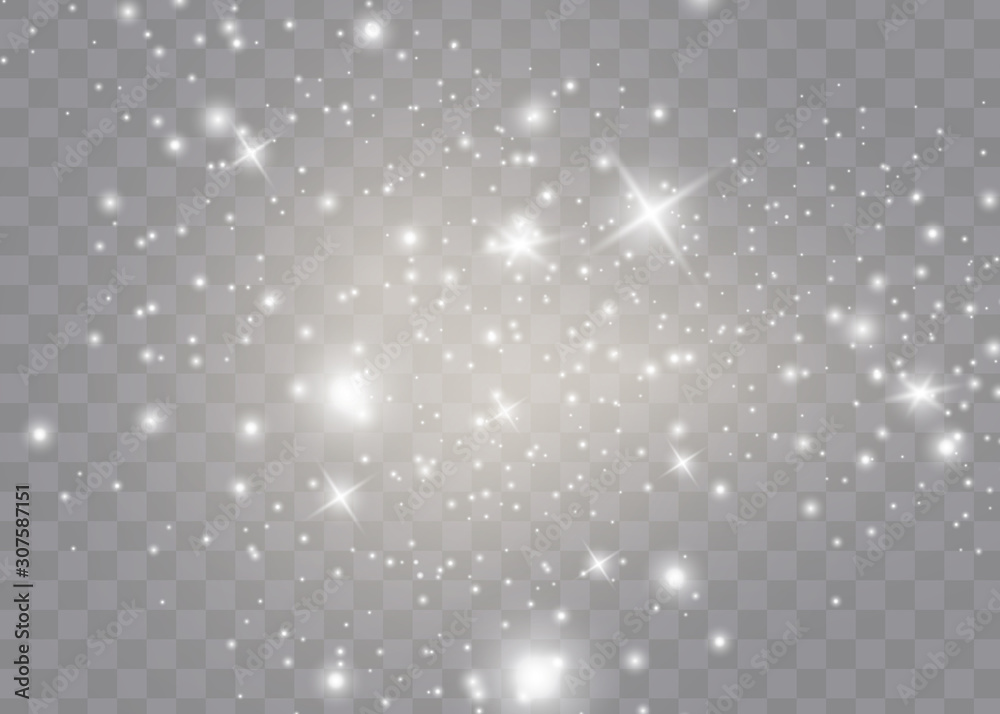 The dust sparks and golden stars shine with special light. Vector sparkles on a transparent background. Christmas light effect. Sparkling magical dust particles.