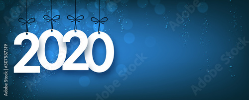 Blue shiny 2020 New Year banner. Bokeh effect.