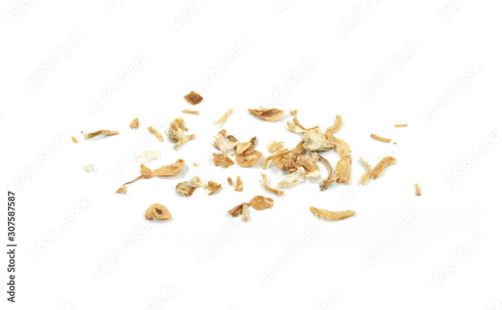 Dried Minced Onions on a White Background. Onion flakes isolated on white background. Dried Minced Onions on a White Background. Onion flakes isolated on white background.
