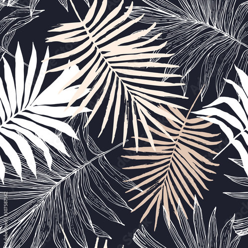 Exotic foliage in silhouette and outline shapes seamless pattern