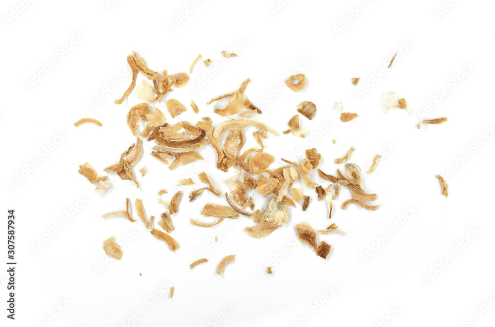 Dried Minced Onions on a White Background. Onion flakes isolated on white background. Dried Minced Onions on a White Background. Onion flakes isolated on white background.