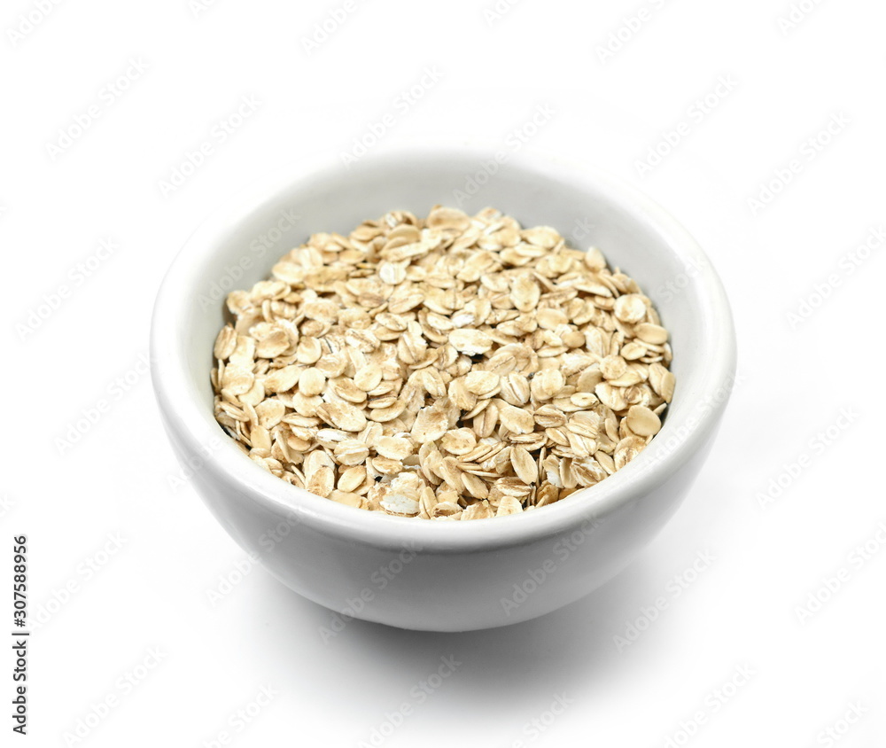 Rye oat flakes isolated on white , macro close up