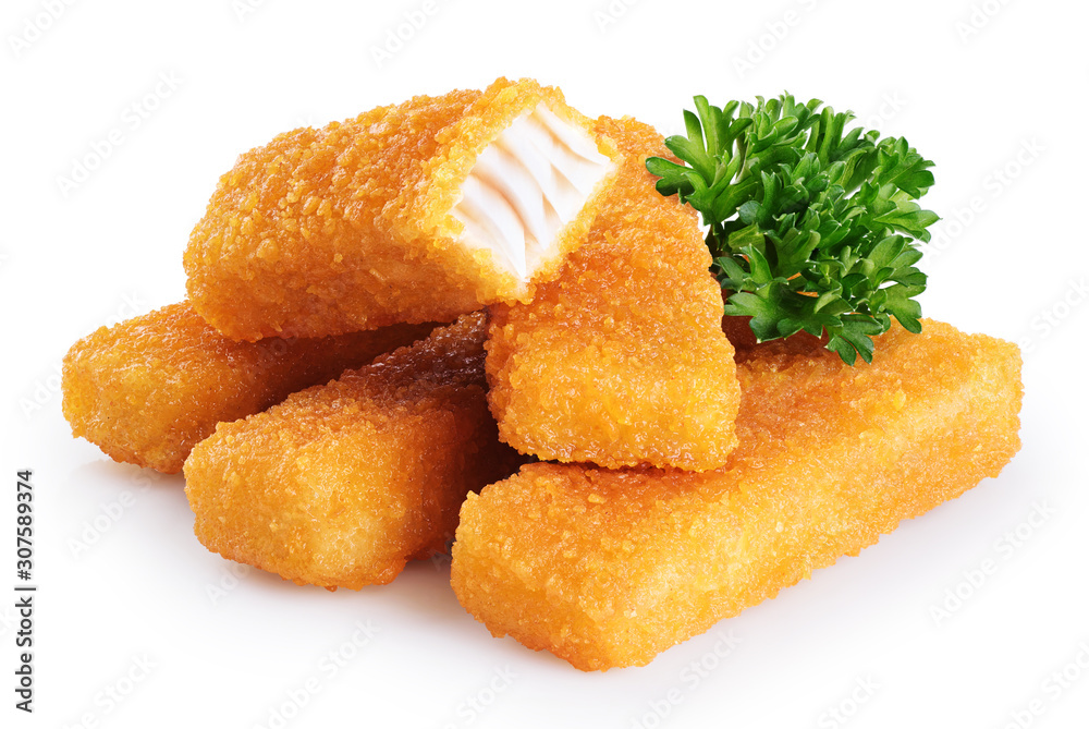 Fish fingers sticks with parsley isolated on white background. Fish fingers sticks with parsley isolated on white background.