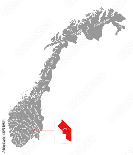 Canvas Print Oslo red highlighted in map of Norway