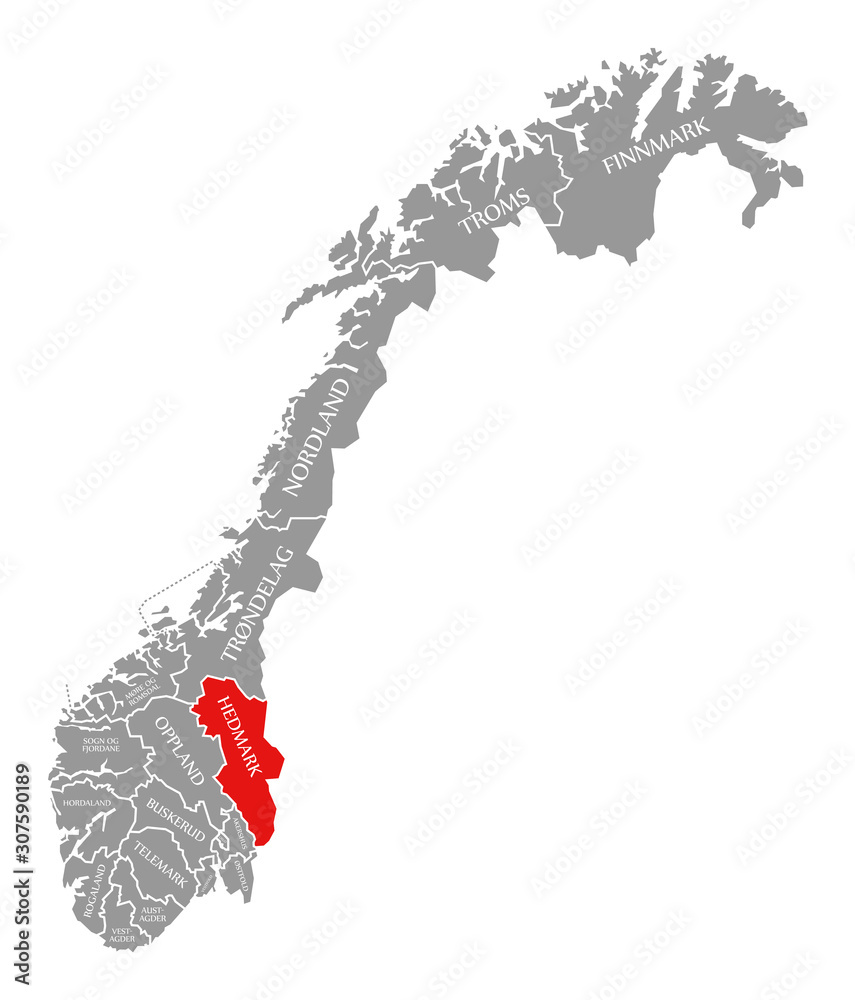 Obraz premium Hedmark red highlighted in map of Norway