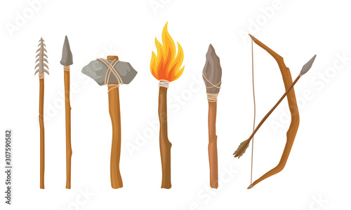 Collection of Stone Age Tools and Weapon, Primitive Prehistoric Hunter Equipment Vector Illustration