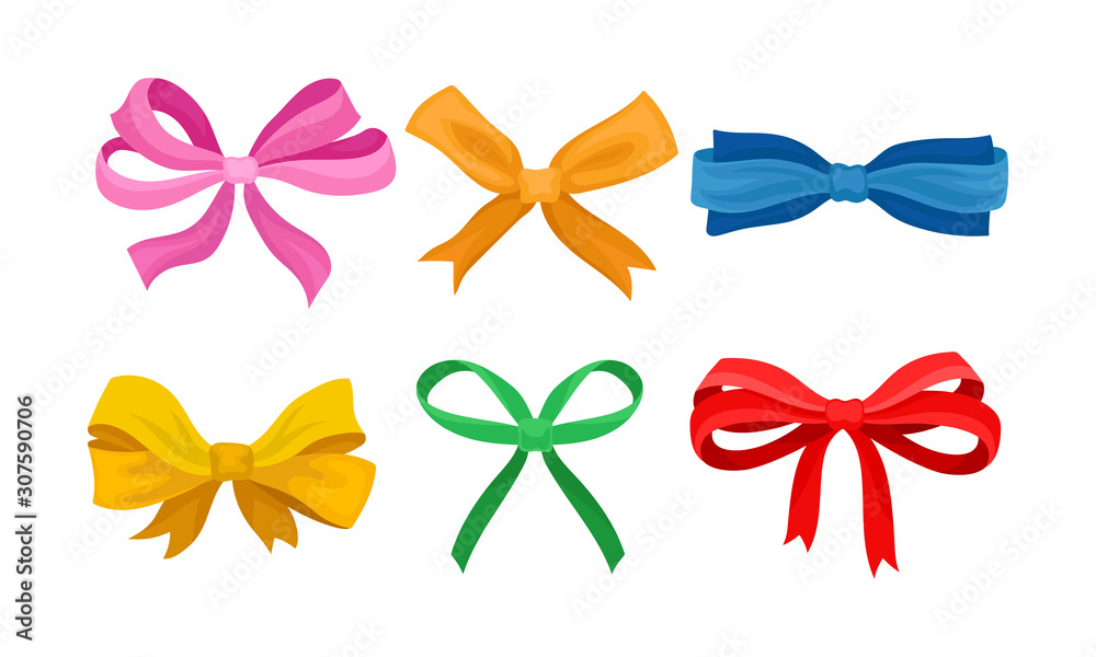 Collection of Colorful Bows and Ribbons of Different Shapes Vector Illustration