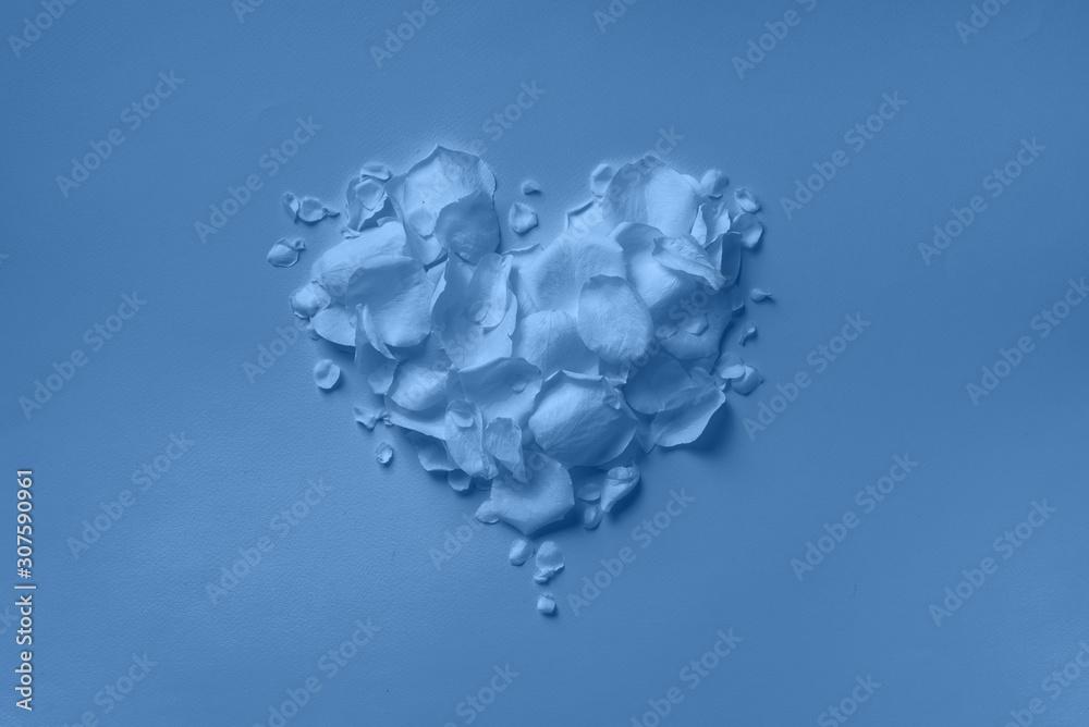 Heart shape made of rose petals on monochrome background. Top view, flat lay. Summer concept in trendy blue and calm color. Valentine's day. Creative layout. Heart shape made of rose petals on monochrome background. Top view, flat lay. Summer concept in trendy blue and calm color. Valentine's day. Creative layout.