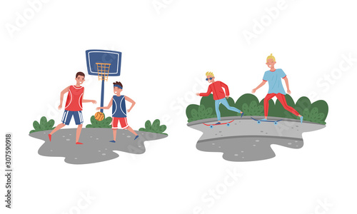 Father and His Teenage Son Spending Good Time Together Set, Father and Son Playing Basketbal and Scateboarding Vector Illustration