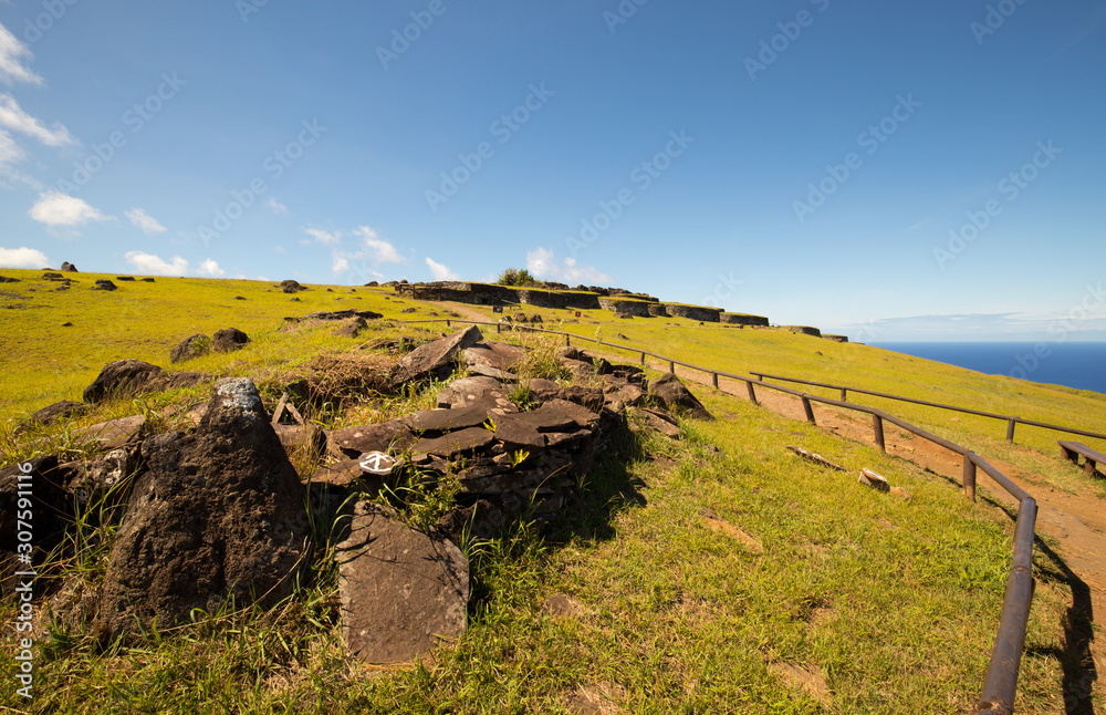 The village of Orongo, a stone village and ceremonial center on the rocky ridge of the Rano Kau crater on Easter Island. Easter Island, Chile