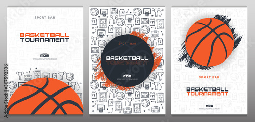 Set of Basketball Tournament banners with basketball ball and hand draw doodle background. Modern sports posters design.