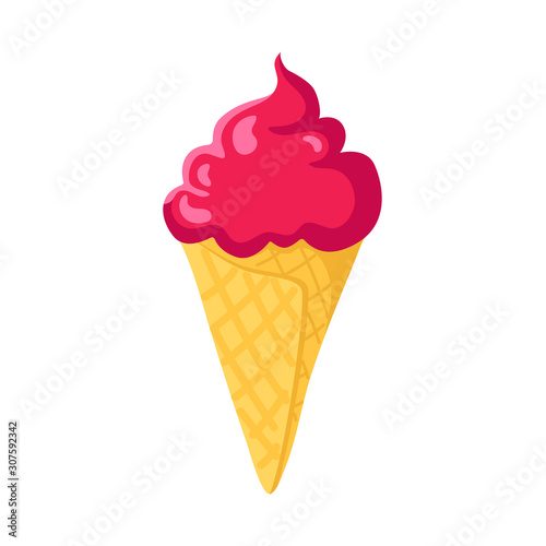 Valentine Day cartoon ice cream in waffle cone, romantic holiday dessert or food in pink color, cute isolated cartoon object on white, illustration for greeting, postcard, print - vector