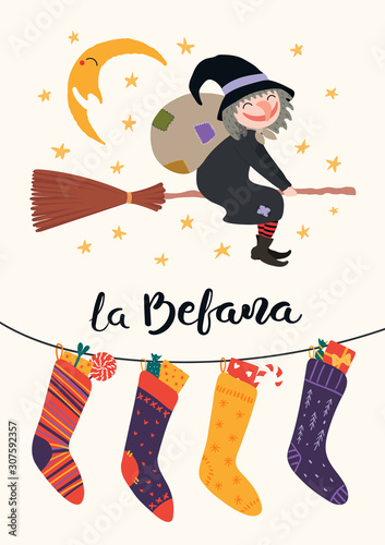 Hand drawn vector illustration with witch Befana with sack flying on broomstick, stockings, moon, stars, Italian text La Befana. Flat style design. Concept for Epiphany holiday card, poster, banner. photo