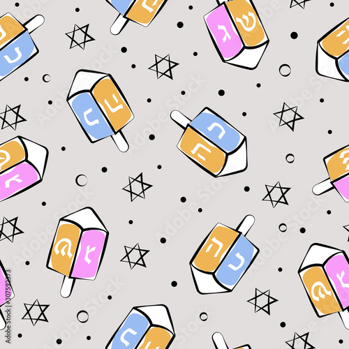 Happy Hanukkah seamless pattern with Dreidels and David stars.