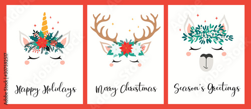 Collection of Christmas cards with different cute unicorn, llama, reindeer faces, in wreaths, with text. Hand drawn vector illustration. Flat style design. Concept for holiday print, invite, gift tag.