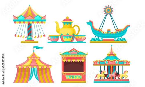 Photo Amusement Park Attractions Set, Carousels, Circus Tent, Ticket Booth Vector Illu