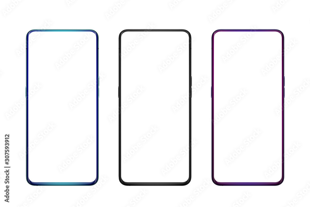Isolated smart phone in three colors and isolated screen for mockup, app or web site promotion. Modern mobile phone with thin edges Isolated smart phone in three colors and isolated screen for mockup, app or web site promotion. Modern mobile phone with thin edges
