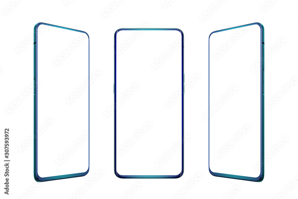 Turquoise, blue, green modern smartphone mockup. Isolated background and display. Front, left and right side position Turquoise, blue, green modern smartphone mockup. Isolated background and display. Front, left and right side position