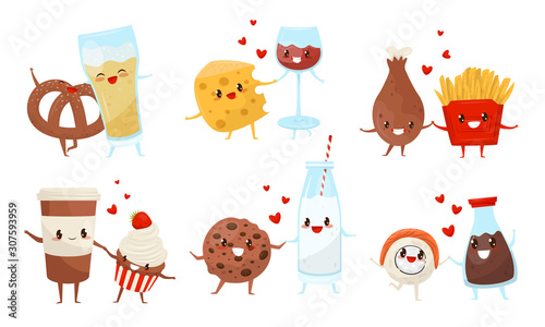 Cute Funny Food and Drinks Cartoon Characters, Best Friends Set, Delicious Fast Food Menu Dises with Friendly Faces Vector Illustration