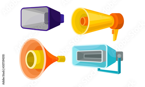 Loudspeakers Collection, Megaphones, Bullhorns, Symbol of Promotion, Announce, Advertising Vector Illustration