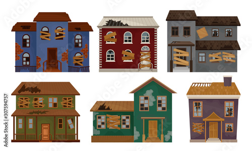 Abandoned Houses Collection, Old Facades of One Storey and Two Storey Buildings Vector Illustration