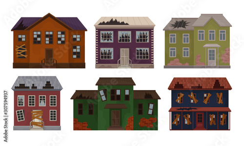 Old Abandoned Houses Collection, Facades of Cottages with Broken Windows and Roof Vector Illustration