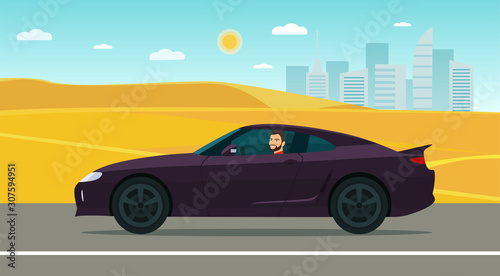 Fototapeta Naklejka Na Ścianę i Meble -  Sport car with man along the desert road. Vector illustration.