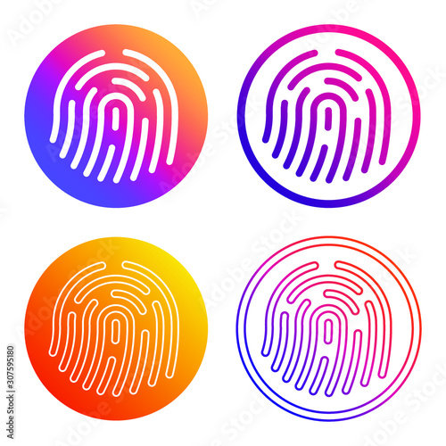 Biometric, dactylogram, data, fingerprint icon shape button set. Thumbprint, password, identity, privacy logo symbol sign. Vector illustration image. Isolated on white background. Cool gradient colors