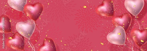 Canvas Print Happy Valentines Day banner with 3d red and pink heart-shaped helium balloons, golden confetti