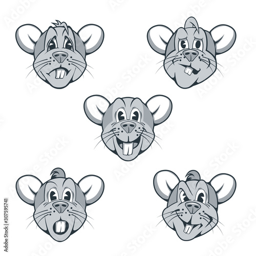 Set of cartoon characters of rats with different facial expressions.