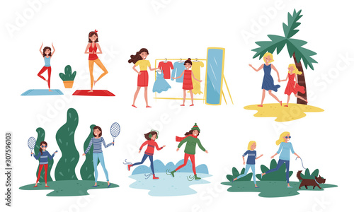 Mother and Her Teenage Daughter Spending Good Time Together Set, Mom and Girl Skating, Playing Badminton, Walking with Dog, Having Vacations Vector Illustration