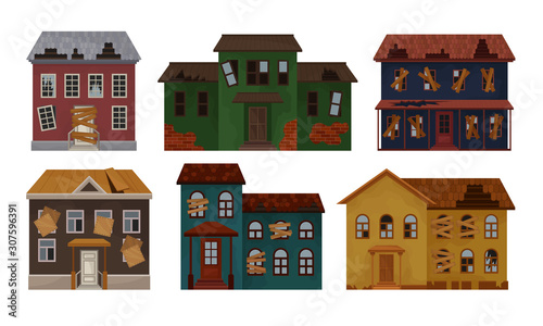 Old Abandoned Houses and Cottages Collection, Facades of One Storey and Two Storey Houses with Broken Windows and Roof Vector Illustration