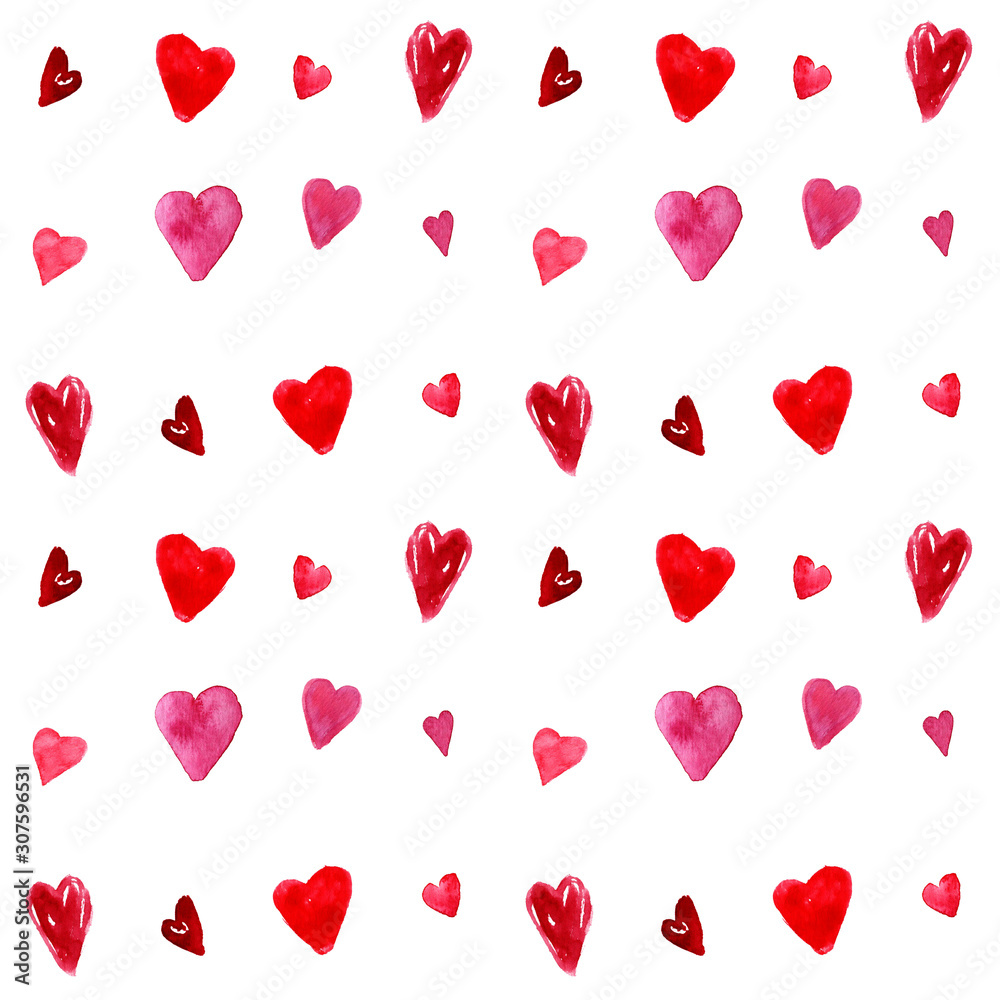 seamless hand painted watercolor repeat pattern with red, pink and purple hearts