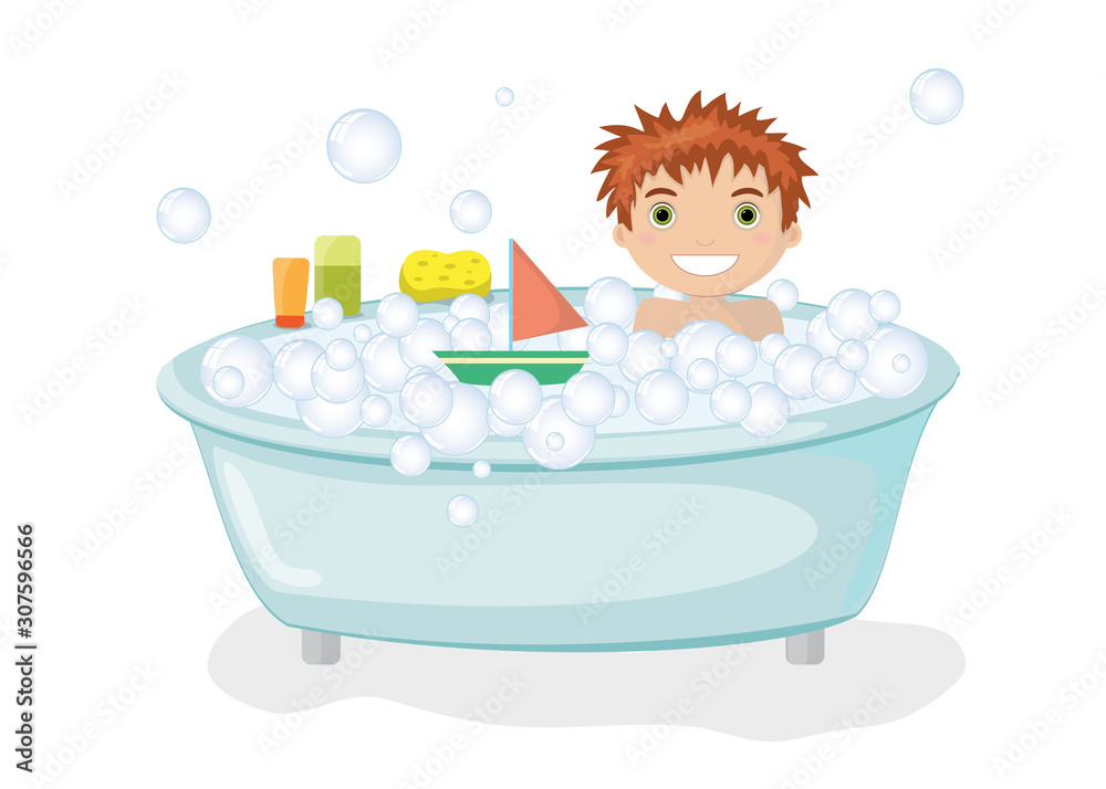 Obraz Young boy taking bath with bubbles and toys. Vector illustration in cartoon style on a white background.