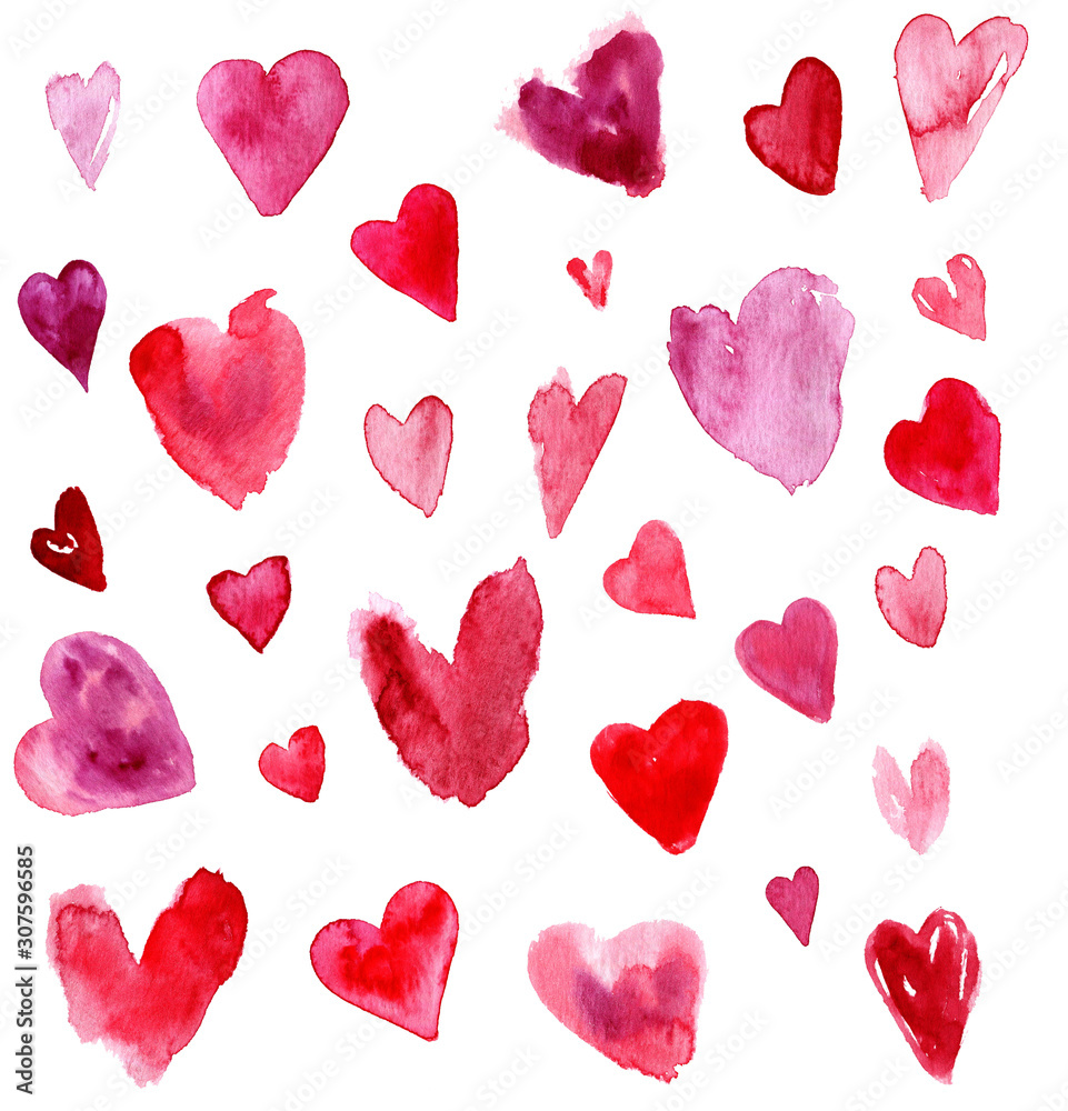 set of hand painted watercolor valentine's day hearts, pink, red and purple isolated on white set of hand painted watercolor valentine's day hearts, pink, red and purple isolated on white