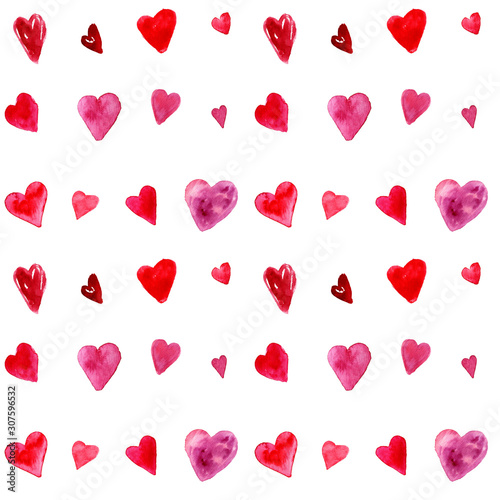 seamless watercolor repeat pattern with red and pink hearts