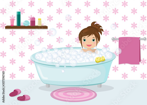 Cute brown-haired young girl taking bath with bubbles. Bathroom interior. Vector illustration in cartoon style