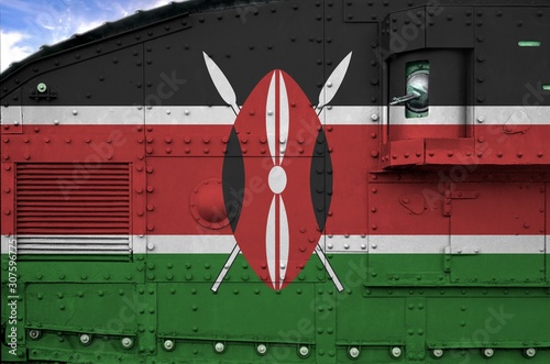 Kenya flag depicted on side part of military armored tank closeup. Army forces conceptual background photo