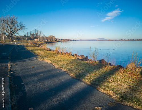 Paddling ducks in the Columbia River with blue skies and clouds on a sunny morning in Kennewick-Pasco Washington