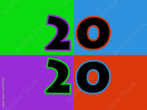 Happy New Year 2020 Font 2020 Bright and beautiful colors on a multicolored background