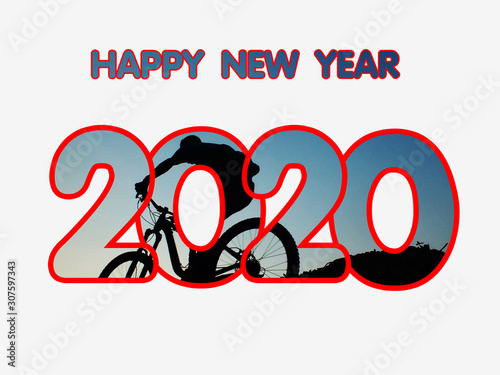 Happy New Year 2020 Letters Happy New Year 2020 A pattern of a cyclist on a white background