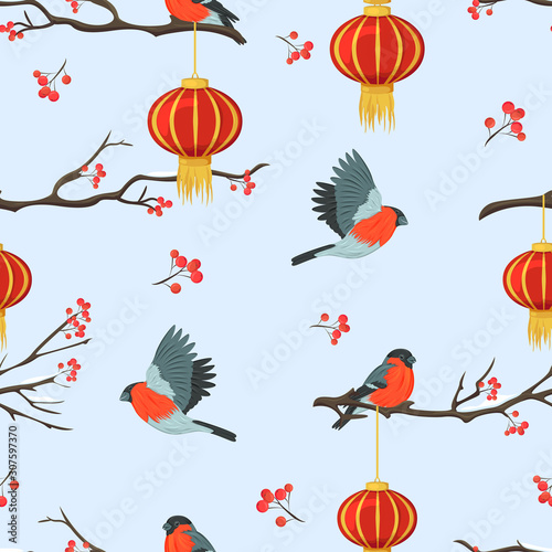 Seamless pattern with bullfinches, rowan and chinese lanterns