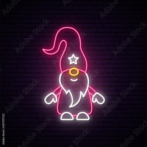 Scandinavian gnome neon sign. Tomte illustration in neon style. Happy New Year Design.