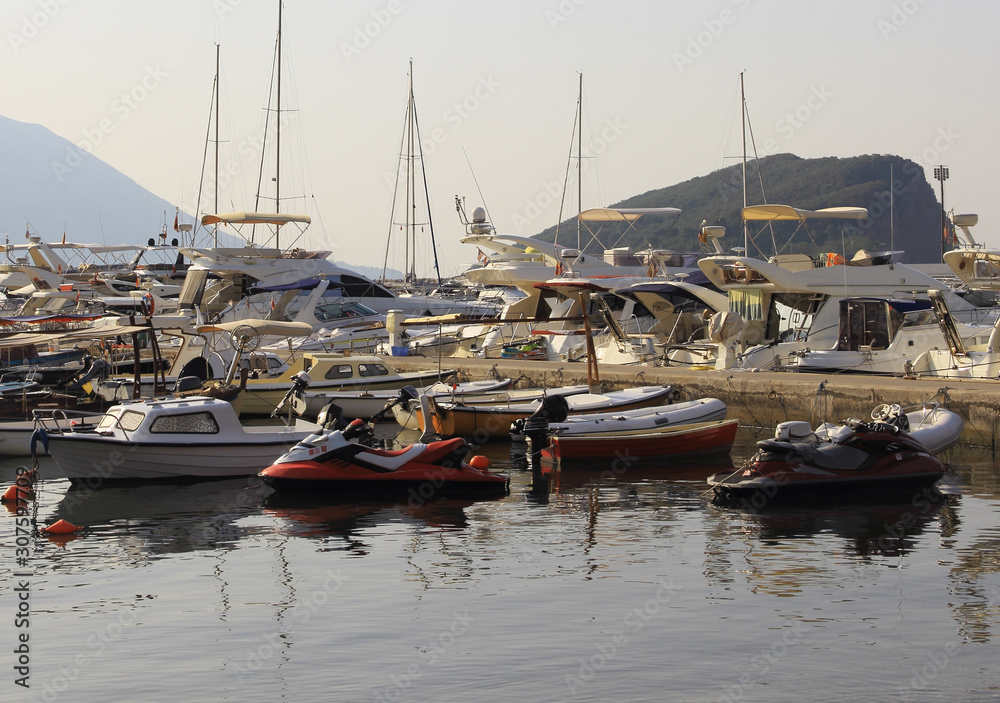 Deifferent vessels in Budva harbor on the Adriatic sea