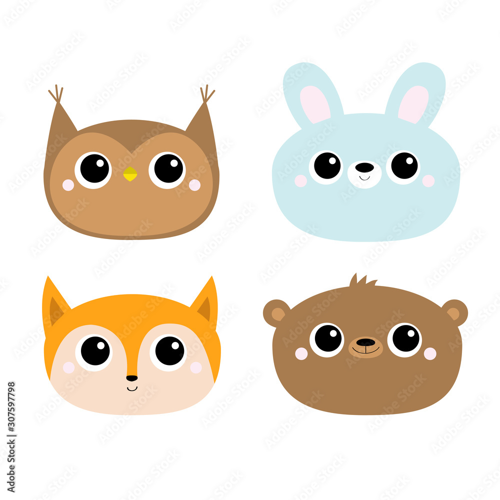 Owl Bear Hare Rabbit Fox Forest Animal Round Face Head Icon Line Set Cute Kawaii Cartoon Funny Baby Character Kids Education Cards Flat Design White Background Isolated Stock Vector Adobe Stock