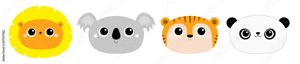 Panda bear Lion Koala Tiger round face head icon set. Kawaii wild animal. Cute cartoon character. Funny baby kids print. Love Greeting card. Flat design. White background. Isolated.
