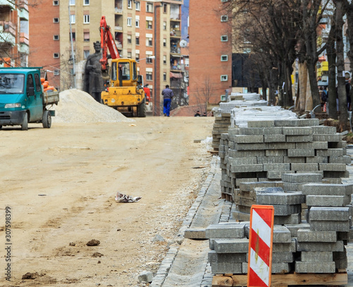 KOSOVO, KOSOVSKA MITROVICA MARCH 13. 2017: Renovation of the street and pavement in the center northern part in Kosovska Mitrovica