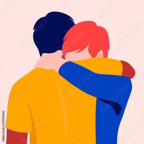 Two men hug each other. Best friends. Father and son met. Support and assistance in problems. Partners are experiencing a tragedy. Vector flat illustration