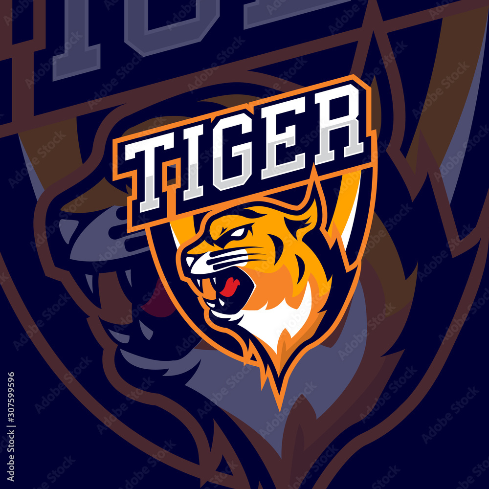 Tiger head esport mascot logo design template.